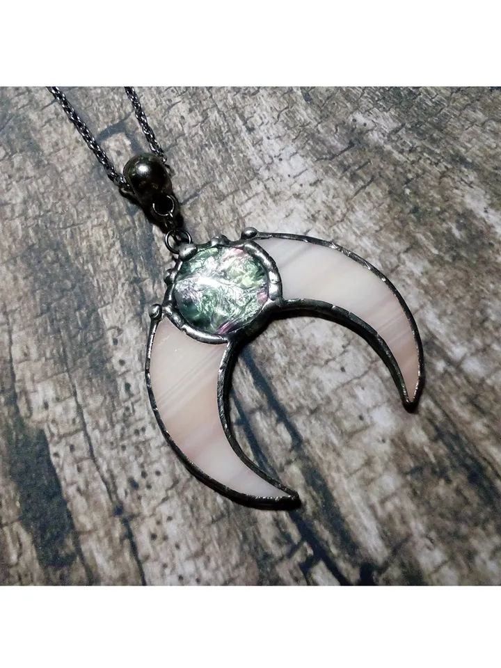 Stained glass moon, Moon crescent, witchy aesthetic, Moon phase necklace, Stainglass crescent