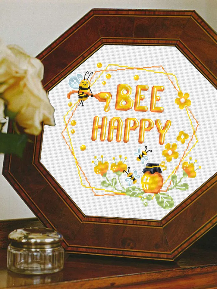 Honey bee cross stitch digital PDF pattern Bee Happy cross stitch Quote Floral wreath xstitch chart Easy begginers embroidery Bee decor #Q47