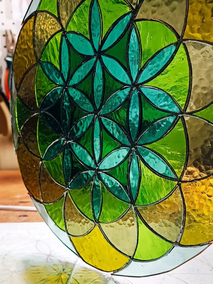 Mandala "Flower of Life", Stained Glass Mandala "Flower of Life", Tiffany Mandala with Sacred Geometry, Colorful Glass Mandala – Flower of Life, Sacred Stained Glass Wall Art, Handmade Flower of Life Mandala