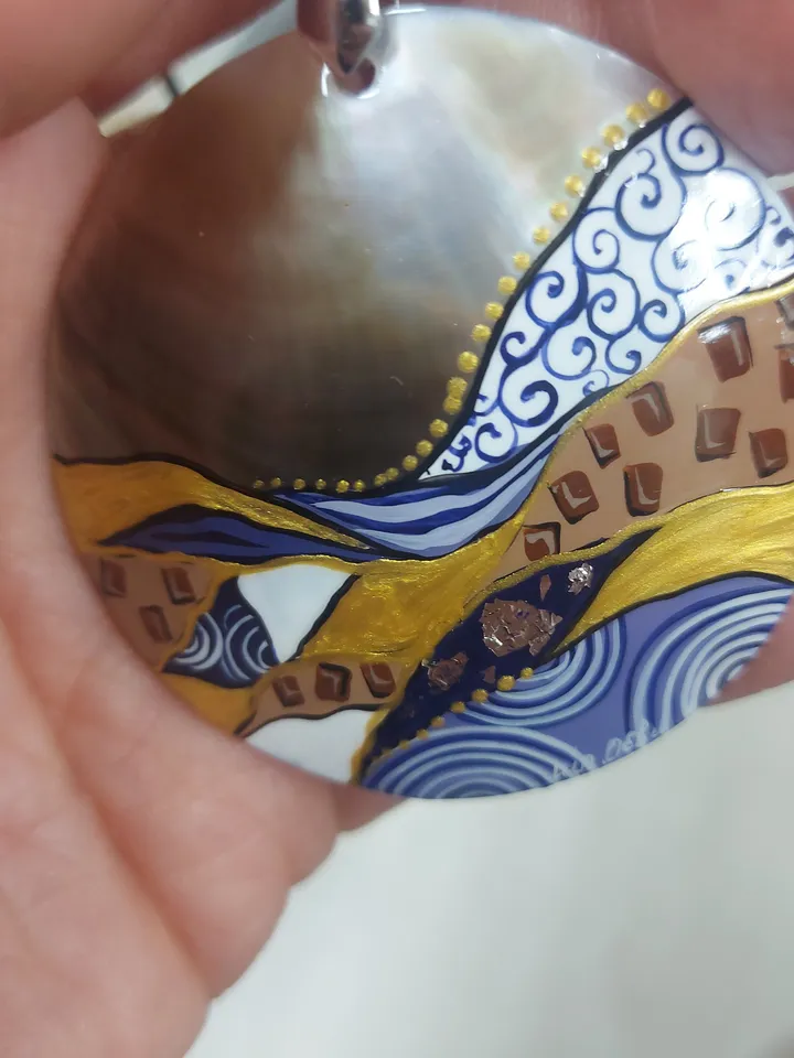 Beautiful Pendant Klimt Mother of Pearl Hand-painted Russian decoration Painting. Jewelry art Art gift Fedoskino Collectible