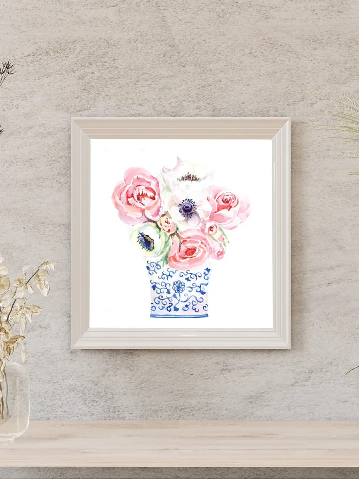 Chinoiserie Vase Flower Ginger Jar Print Watercolor Painting Blue And White Asian Flower Chinese Art Flower Painting Floral Art Print
