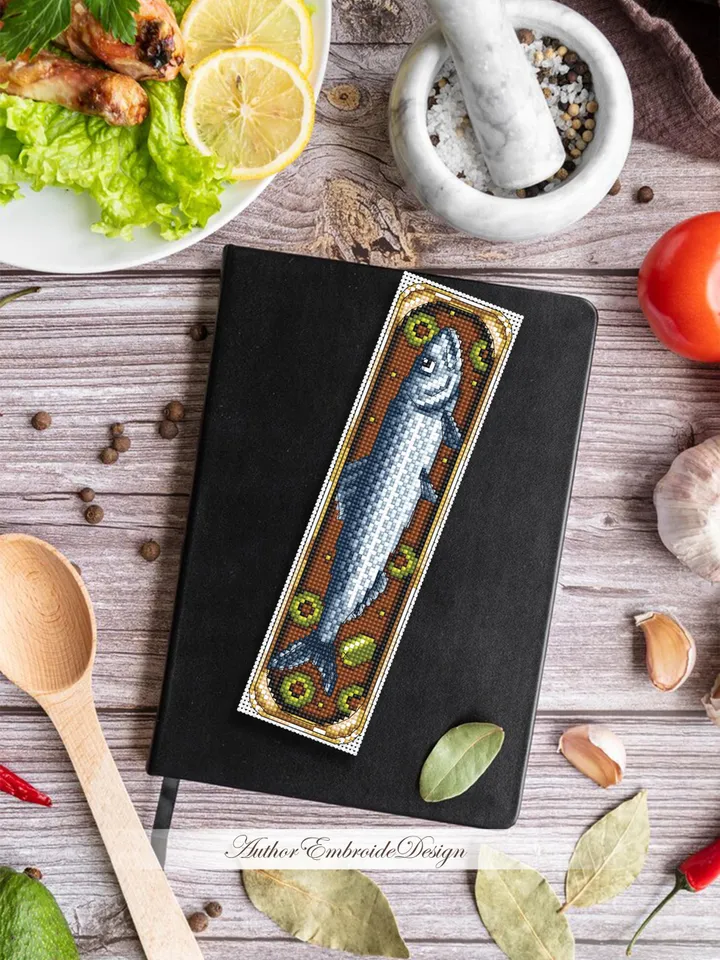 Sardine bookmark cross stitch pattern PDF download Canned sardine with olives cross stitch chart, Funny bookmark pattern digital PDF #B438