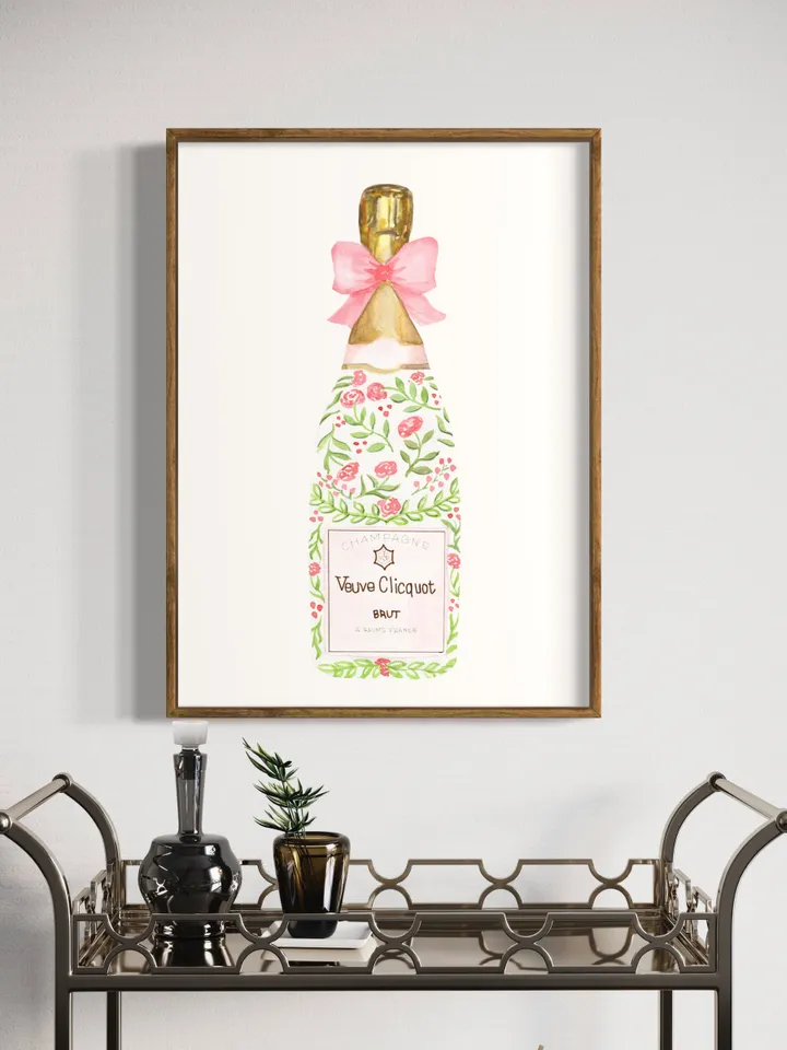 Champagne Bottle Chinoiserie Style Wall Art Print,Pink Watercolor Bar Cart Print, Cocktail Decor,Wine Wall Art,Preppy Bar Cart, Gift For Her