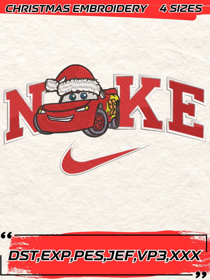 Swoosh Christmas Lightning McQueen Embroidery Design, Disney Cars Xmas Embroidery,Christmas Embroidery Design,4 Sizes,Digital Download