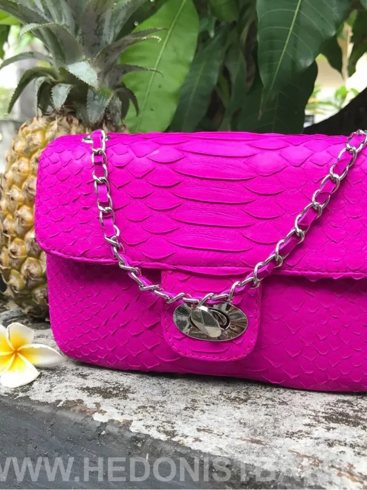 Genuine Python Skin fuchsia summer mini bag| Adjustable Chain Classy Elegant Bright Pink Crossbody Small Lady Summer Purse | Gift for her