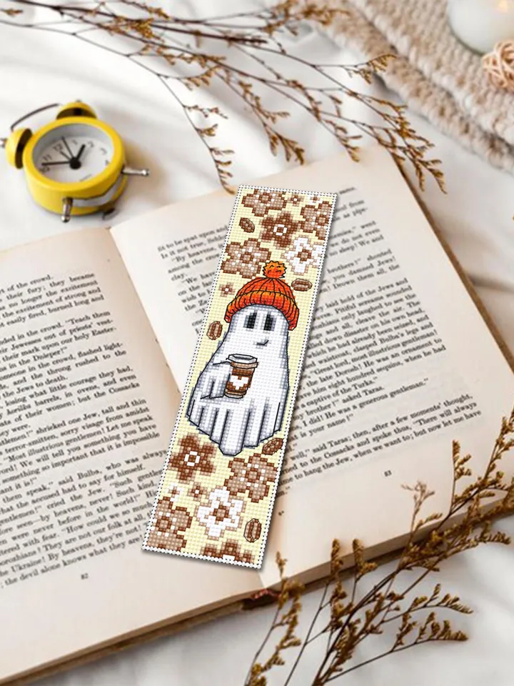 Ghost coffee bookmark cross stitch pattern PDF download Cute ghost cross stitch chart, Coffee Halloween bookmark pattern digital PDF #B367