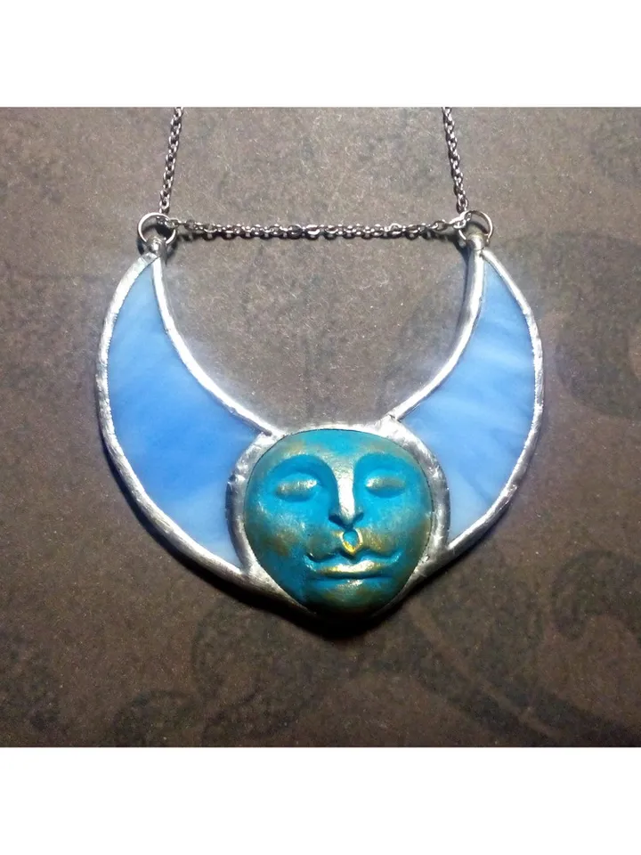 Stained glass blue moon, Moon Goddess, Moon phase necklace, Stainglass crescent, Full moon pendant, Moon face necklace