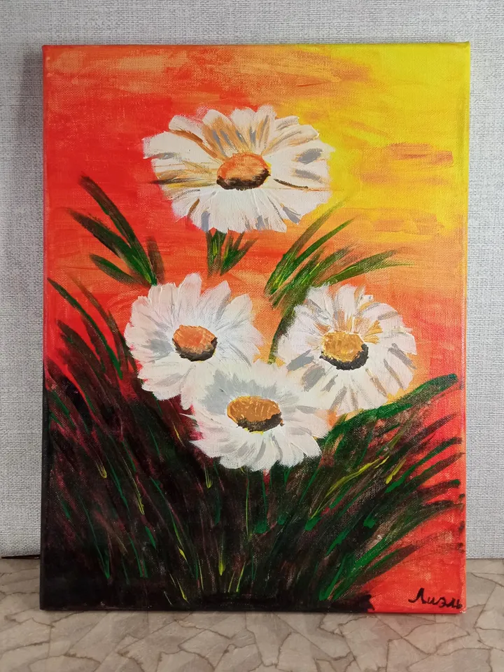 Daisy bouquet painting, Acrilic art paiting, Flowers art decor, Daisy wall hanging, 16/12" size, Original acrilic wall decor, Children paint
