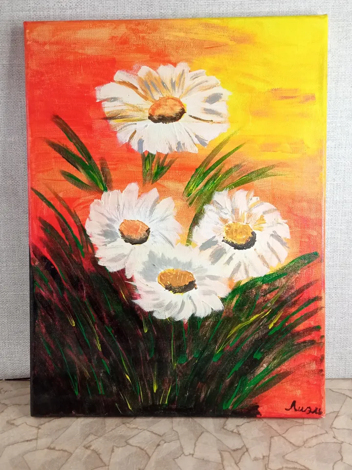 Daisy bouquet painting, Acrilic art paiting, Flowers art decor, Daisy wall hanging, 16/12" size, Original acrilic wall decor, Children paint
