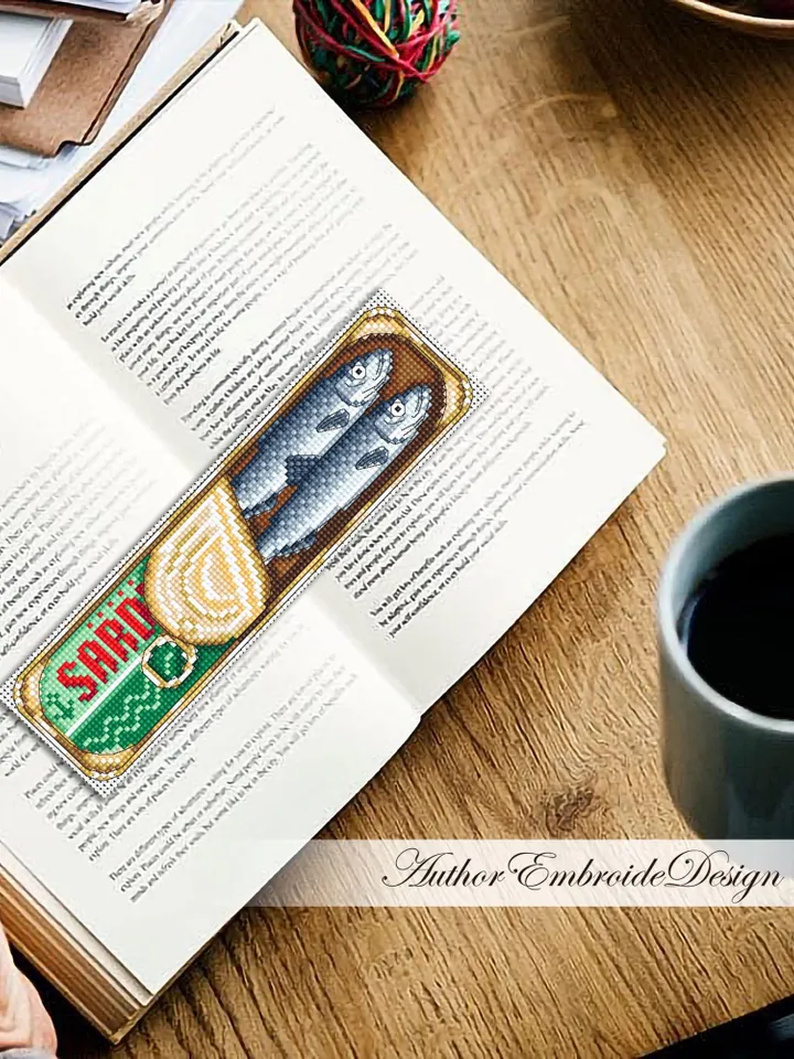 Sardine bookmark cross stitch pattern PDF download Canned sardines cross stitch chart, Funny bookmark pattern digital PDF, Small fish #B437