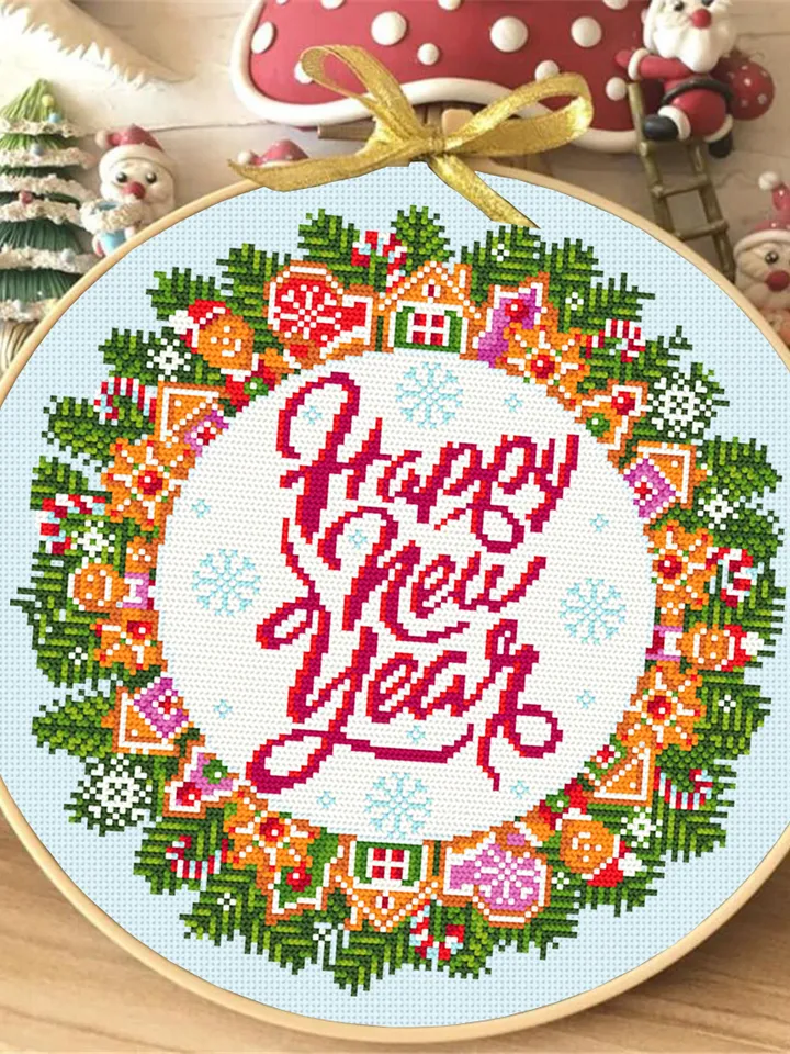 Christmas wreath cross stitch pattern download PDF Winter holiday cross stitch chart Christmas pattern digital Happy new year stitch #N24