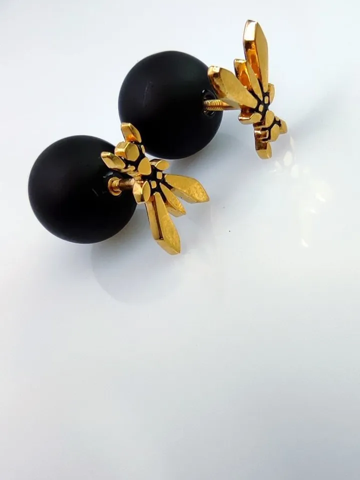 Golden Bee Stud Earrings with Obsidian