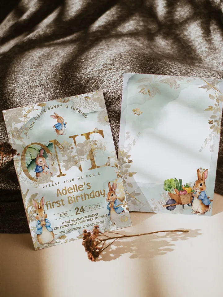 Editable Peter Rabbit invitation template for 1st Baby Birthday party in Peter Rabbit style instant download and unlimited access pr888