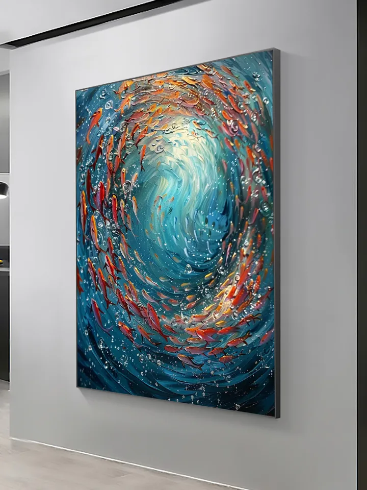 Original School Of Fish On The Bottom Of The Sea Oil Painting On Canvas, Abstract Blue Ocean Painting, Living Room Wall Art, Custom Painting