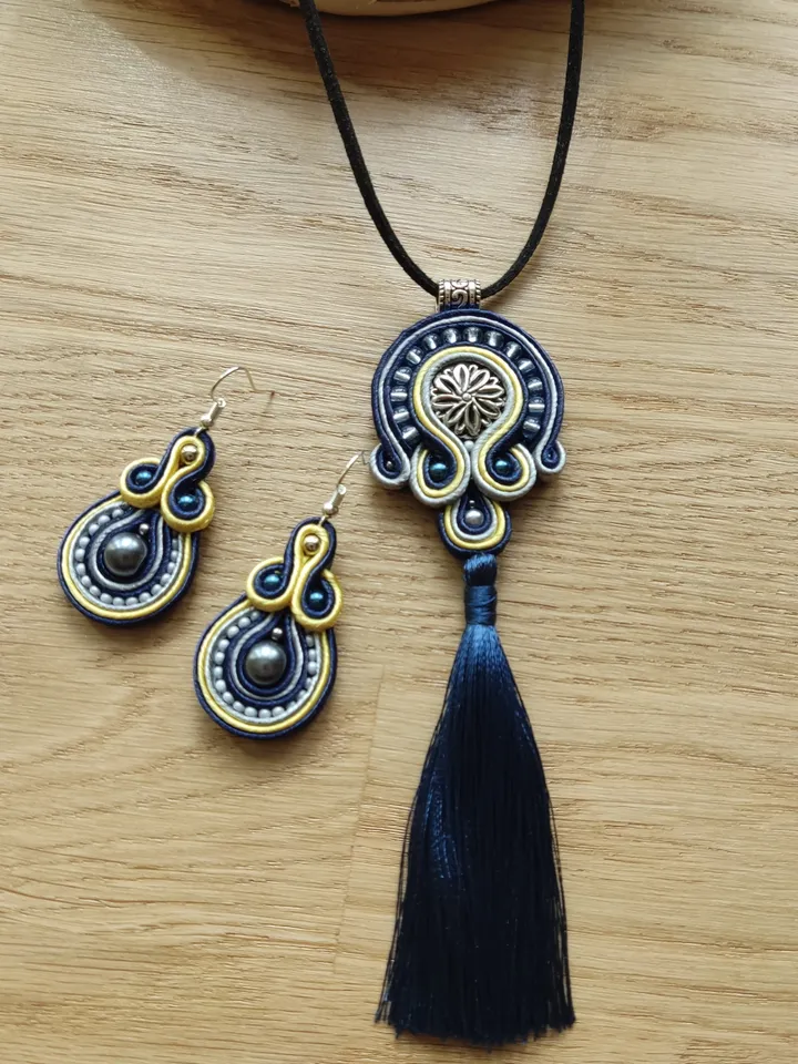 Blue tassel necklace and earrings, Boho Necklace, Soutache jewelry set, Ethnic necklace, Mandala