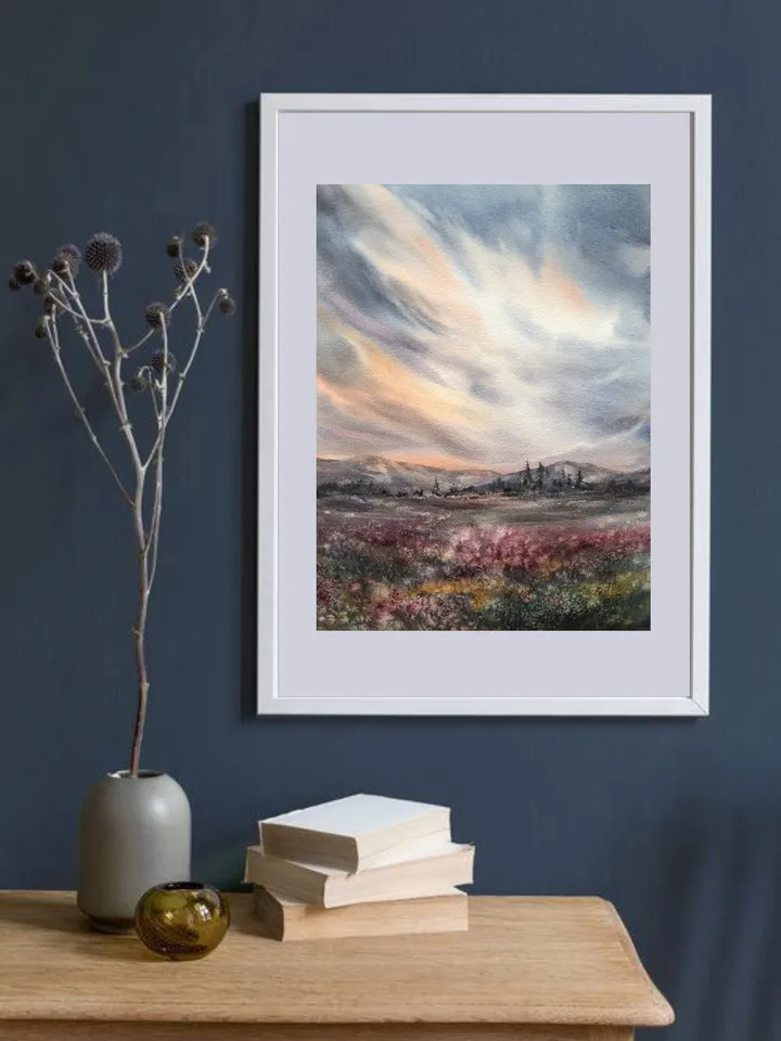 Field Painting Original Watercolor Painting Sunset Painting Landscape Wall Art Sky Painting