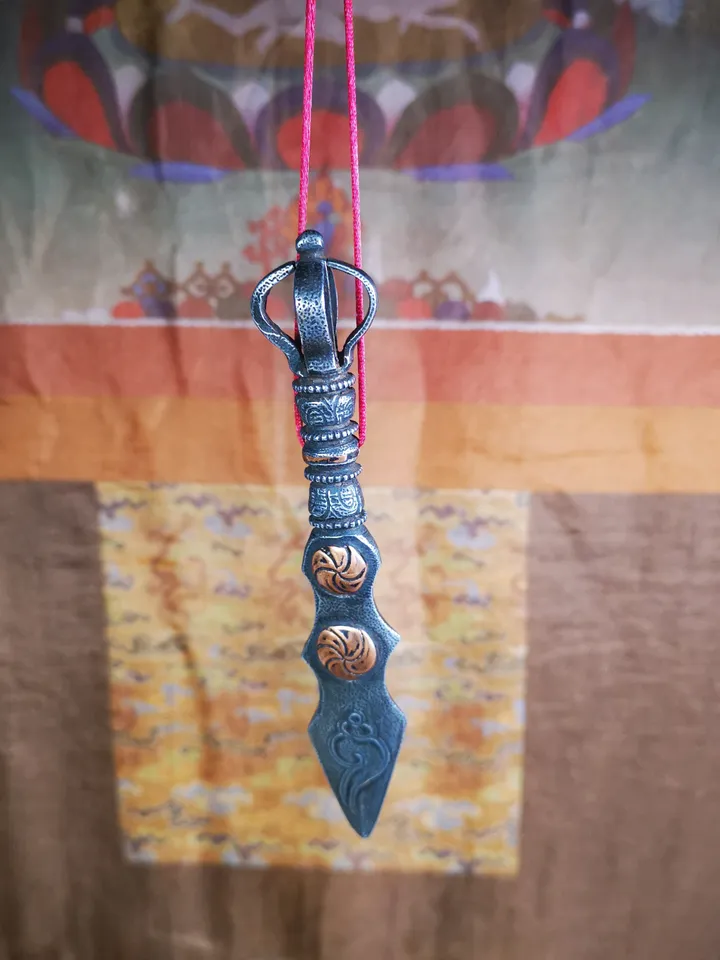 Gandhanra Handmade Tibetan Buddhist Ritual Implement - Kila -Dorje Phurba,Manjusri Sword,Made of Cold Iron inlaid with Copper,5.1&quot;