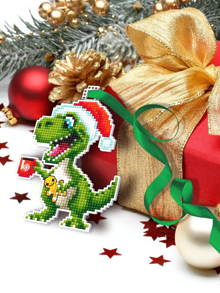 Funny dinosaur christmas cross stitch pattern PDF download Double-sided Christmas tree decor for plastic canvas, Dino pattern T Rex #N132