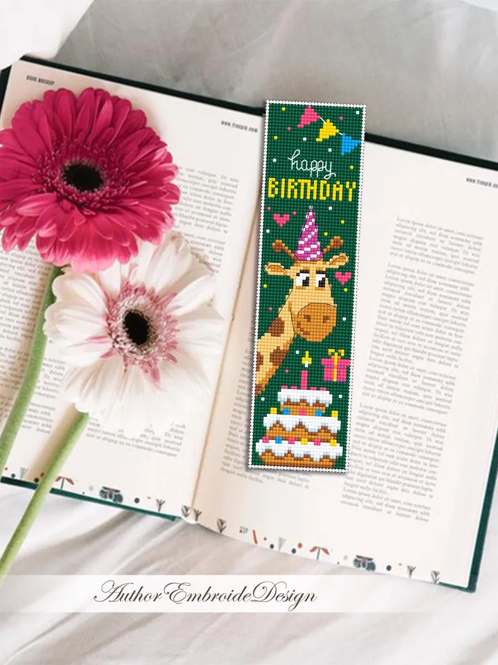 Birthday bookmark cross stitch pattern PDF download Giraffe cross stitch chart, Bookmark pattern digital, Birthday cake cross stitch #B460