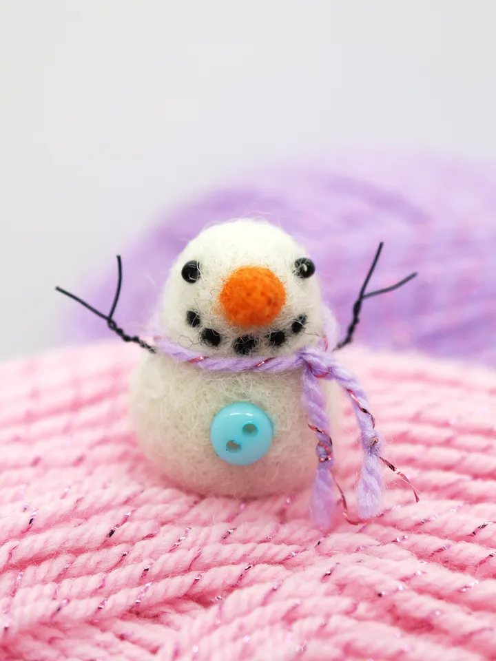 Tiny needle felted snowman, purple scarf