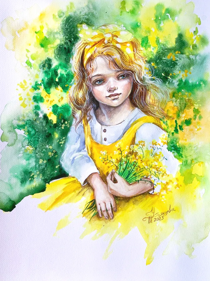 Portrait of a girl, yellow bouquet, watercolor painting