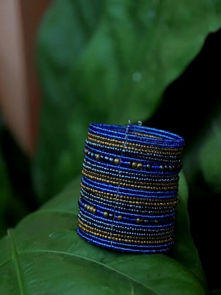 Wide Bead Handmade Bracelet Blue Silver | Boho summer wide bracelet | Summer Handmade Elegant Bracelet | Bead Handmade Hippie Bracelet Wide