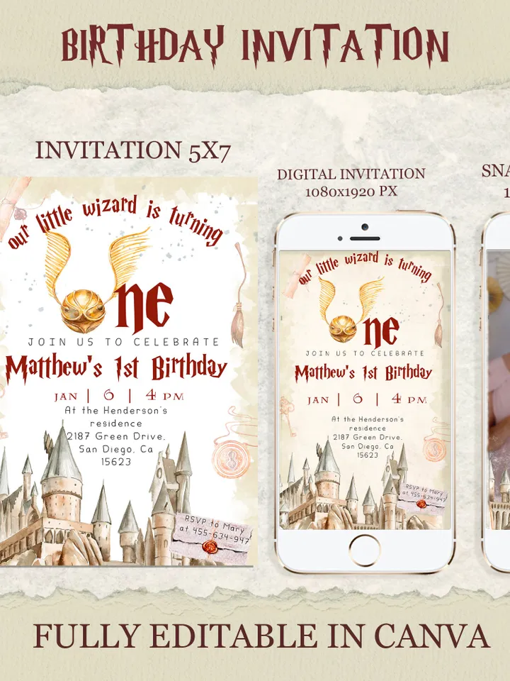 Wizard School 1st Birthday; Magic School Party Invite Template; The Chosen One Wizard Birthday Invitation; Magical First Birthday canva diy