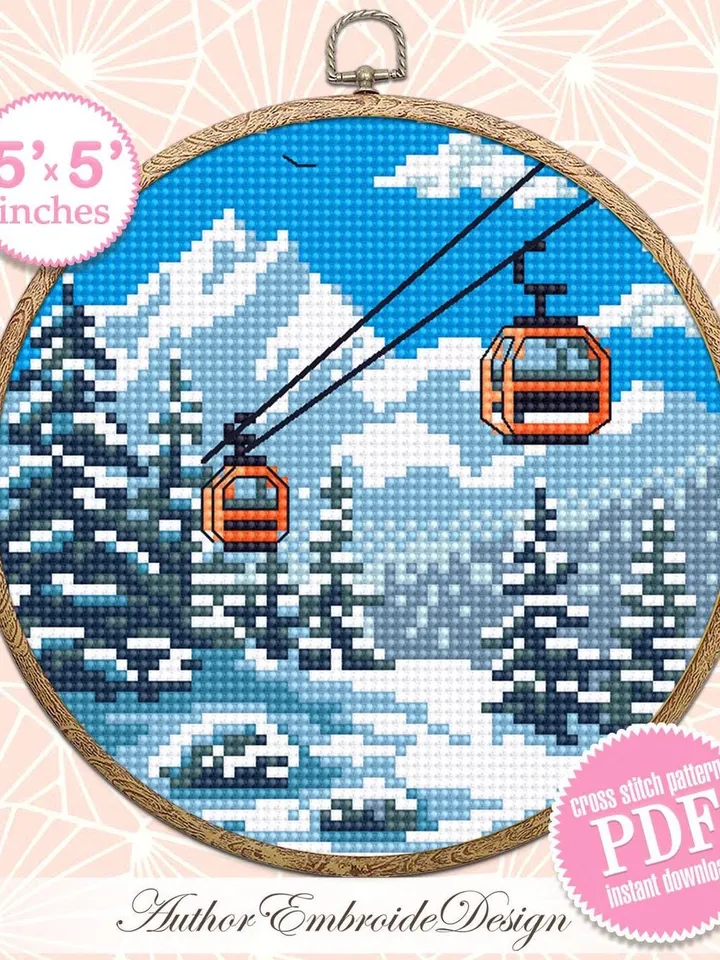 Winter landscape cross stitch pattern PDF download Ski lift gondola cross stitch, Small snow pattern digital PDF, Mountain landscape #L94