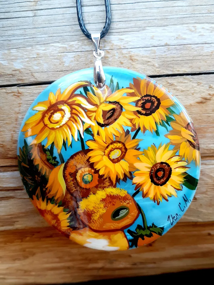 Sunflowers. In the style of Van Gogh. Mother-of-pearl. The Van Gogh pendant. Hand-painted necklace pendant. Hand painted miniature painting.