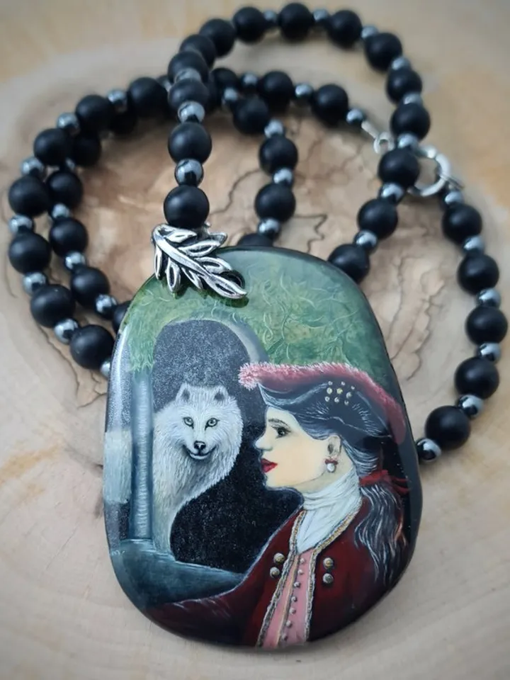 Girl with a white wolf necklace Miniature on agate Hematite and shungite beads