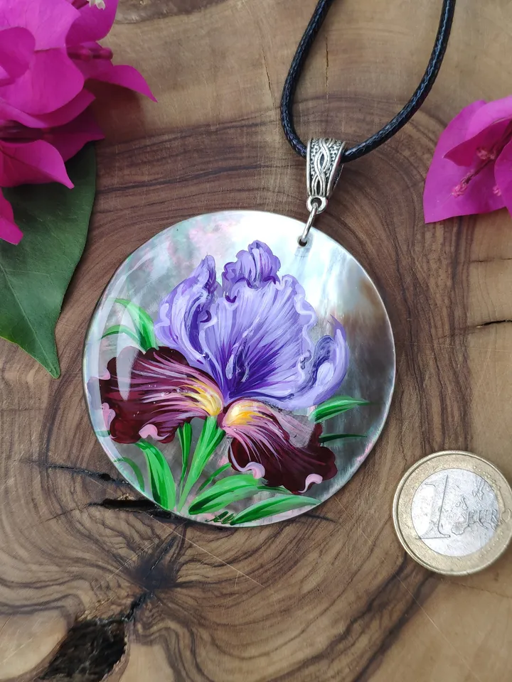 Pearl pendant necklace: Purple iris flower hand painted on dainty necklace • trendy art jewelry fitting for cute dress • fresh floral style