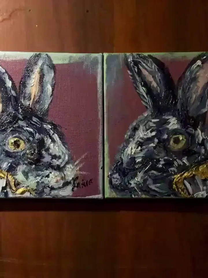Set of 2 black rabbits painting,bunnies diptych painting original oil painting on small canvases,miniature love uniqie gift paintin