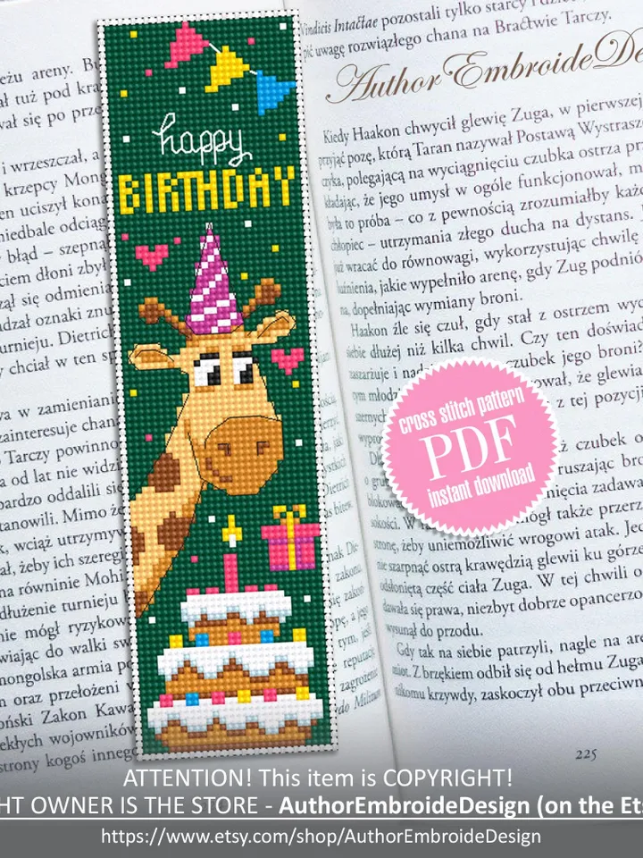 Birthday bookmark cross stitch pattern PDF download Giraffe cross stitch chart, Bookmark pattern digital, Birthday cake cross stitch #B460