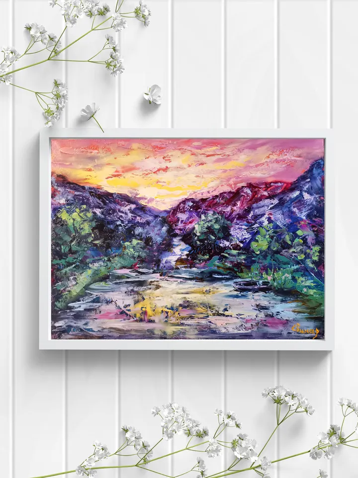 Mountains Waterfall Sunset Boat Original Art Oil Painting Artist Svinar Oksana