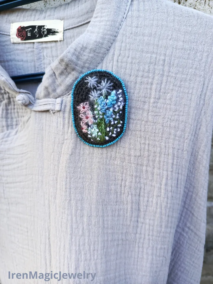 Mohair Crochet Brooch with Wildflower Embroidery