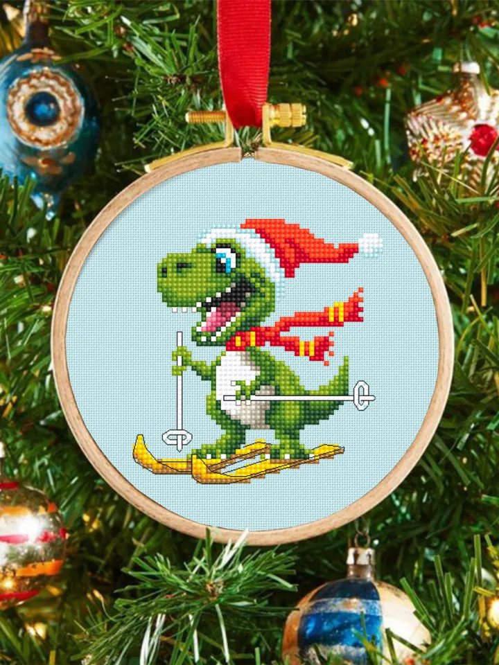 Funny dinosaur christmas cross stitch pattern PDF download, Set of 2 dinosaur cross stitch chart, Dino pattern digital PDF, Poinsettia #N114