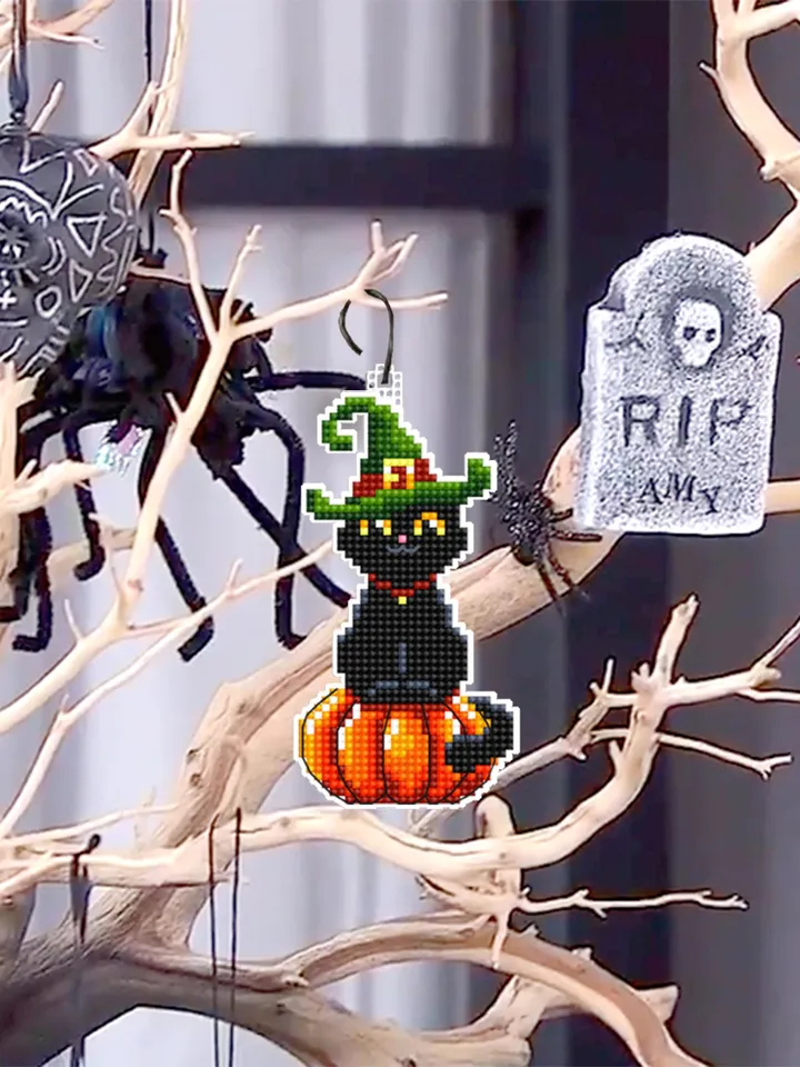 Black cat cross stitch pattern PDF download Double-sided Halloween ornament cross stitch chart for plastic canvas, Halloween tree decor #H69