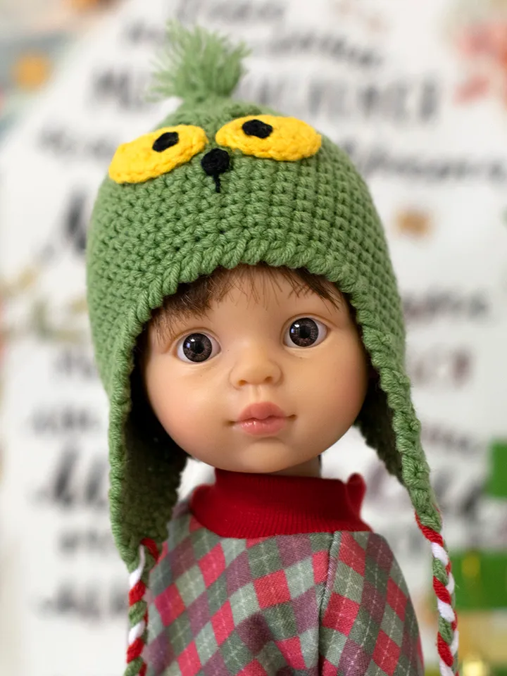 Mr. Grinch crocheted hat for Paola Reina doll, Meadowdolls Dumplings, Little Darling, Siblies for Halloween or Christmas