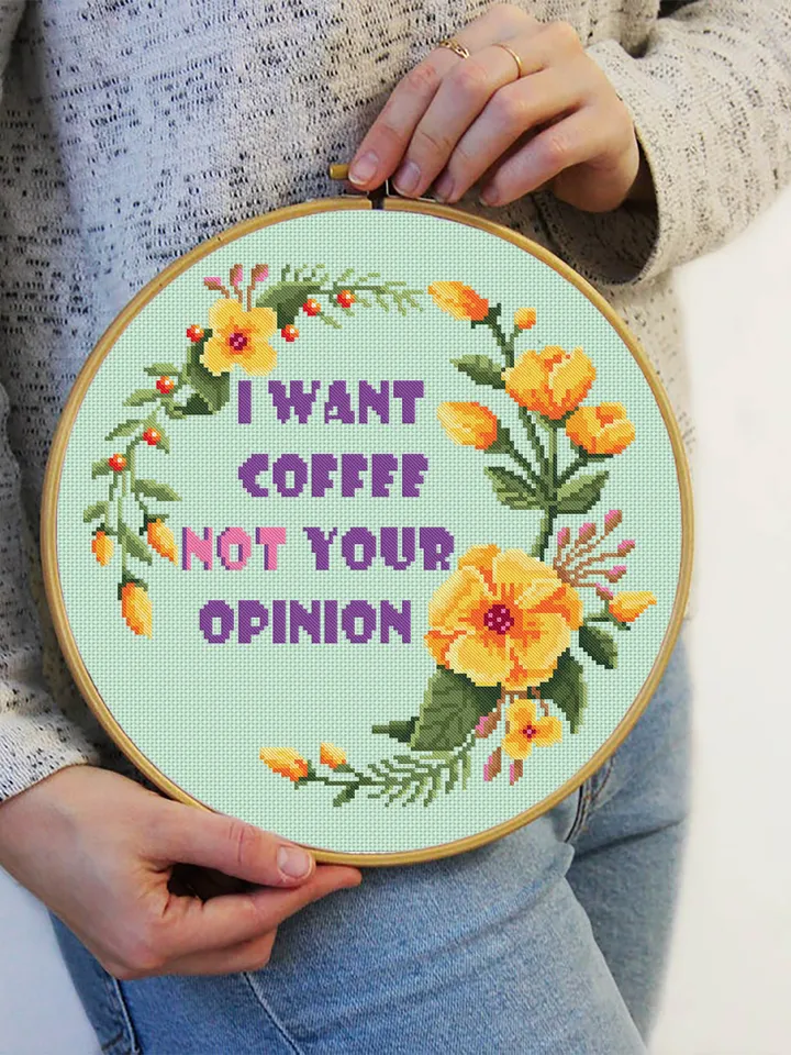 Coffee quote cross stitch pattern download PDF, Floral wreath cross stitch chart, Framed quote embroidery I want coffee not your opinion #Q3