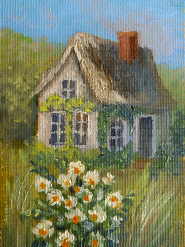 Oil original painting Summer landscape with a house 10x15 cm