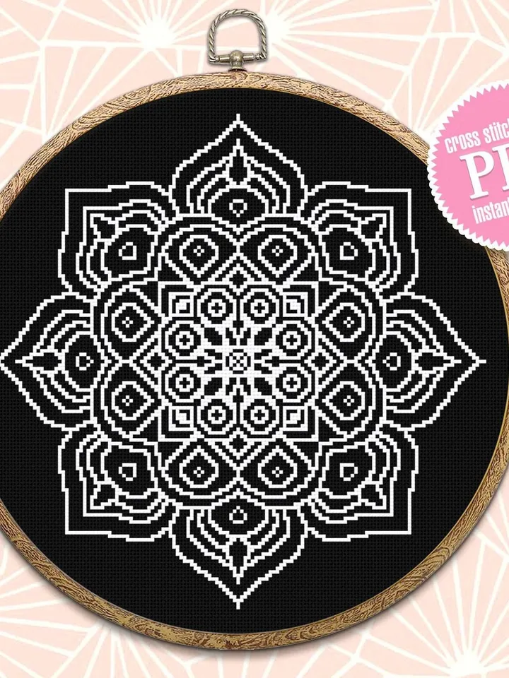 Easy mandala cross stitch pattern download PDF Modern mandala pattern digital PDF, Monochrome cross stitch chart Simple beginner stitch #M33