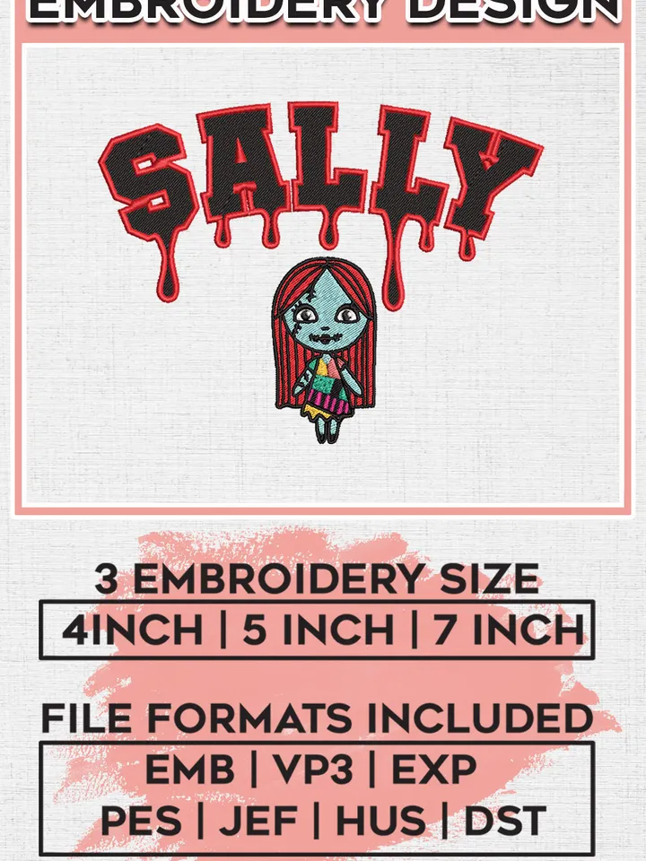 Halloween Sally Drop Name Embroidery designs, Nightmare Before Christmas Machine embroidery designs, Halloween embroidery files, Spooky Season Machine Embroidery Digitized Pes Files, Digital Download