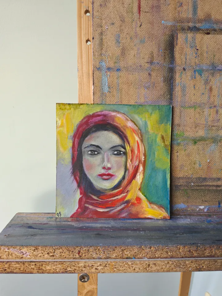 Girl Portrait Original Painting Girl In Red Scarf Original Art Girl In Red Scarf Modern Artwork Girl In Red Scarf Wall Decor Woman In Scarf Oil Painting 6x6 inches by OlgaSokolovaArt