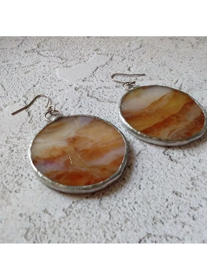 Stained glass brown earrings, Round stained glass, stainglass cute earrings, Dangle earrings, Geometric earrings
