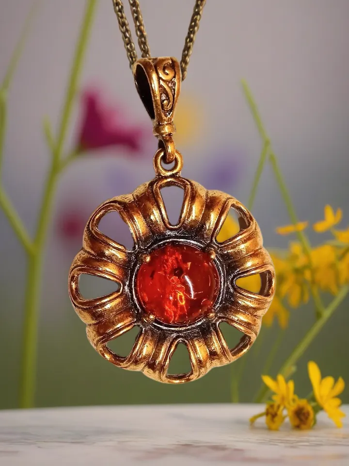 Flower Pendant Golden with Amber
Openwork Floral Jewelry for girls women Necklace black fake leather cord