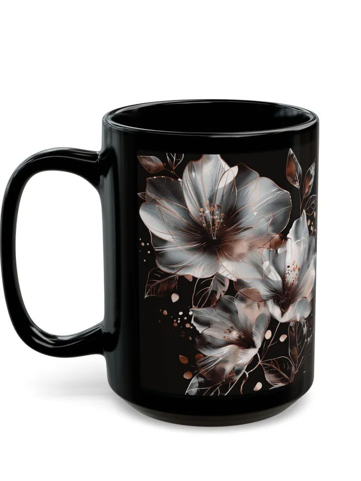 Elegant Floral Mug, Botanical Coffee Cup, Black Ceramic Drinkware, Gift for Gardeners, Mother's Day Present