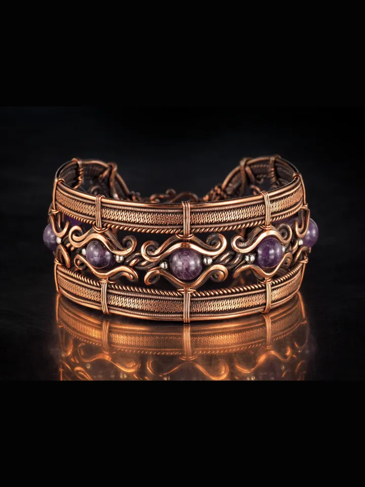 Copper wire wrapped bracelet with amethyst for lady Antique style WireWrapArt
