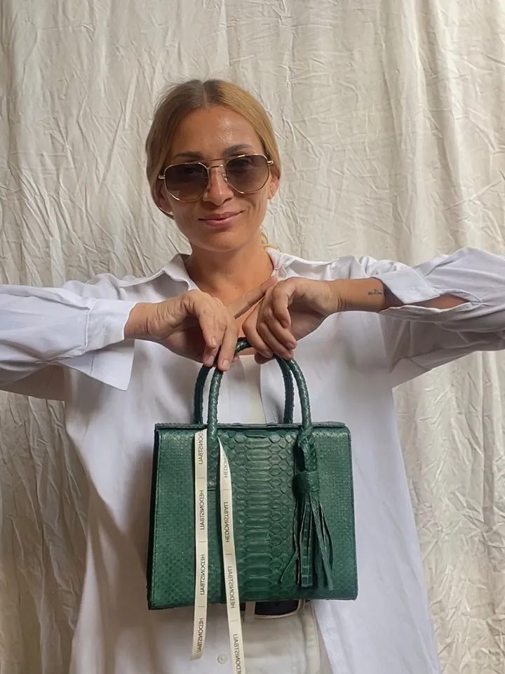 Top handle green classy MORA genuine python skin bag | exotic leather bags | Elegant everyday women purse | snakeskin bag| designer bag