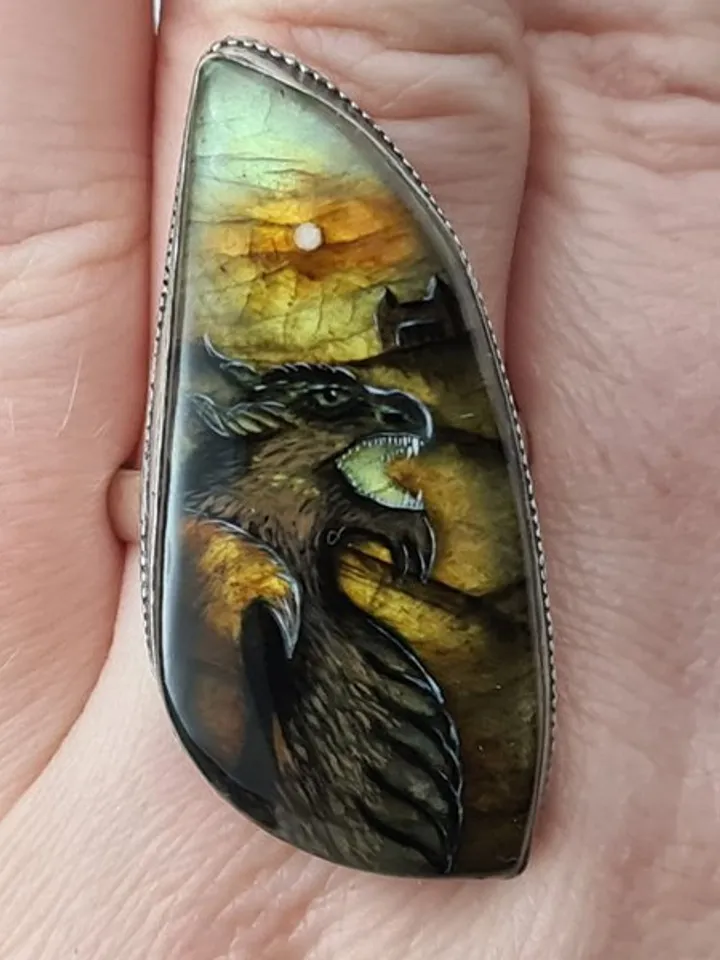 Dragon ring Labradorite ring Stone painting dragon Aaa large labradorite ring