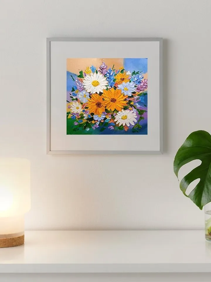 Oil Painting Bright Flowers Chamomile Sunflowers Impasto Art Miniature 6 x 6 in